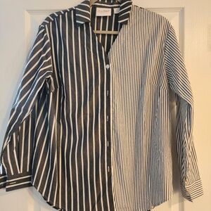 Lacey Chabert Mixed Stripe Button-Down Top Black/White